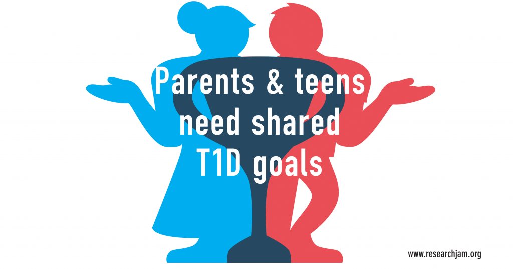 Illustration of two people in silhouette with their overlapping to create a trophy shape with the text "Parents and teens need shared goals to tackle T1D together."