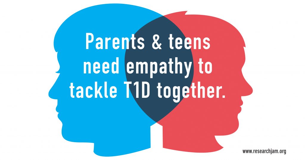 Illustration of two profiles (a parent and teen) overlapping in the center with the text "Parents and teens need empathy to tackle T1D together"